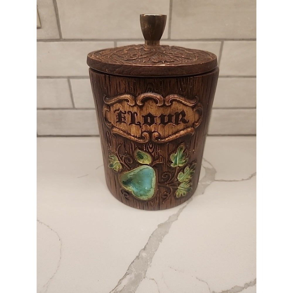 Treasure Craft Green Pear Flour Canister with Faux Wood‎ Grain See Desc.